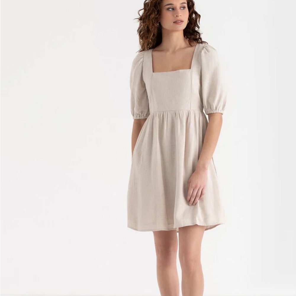 Linen Beige Square Neck babydoll Dress NWT